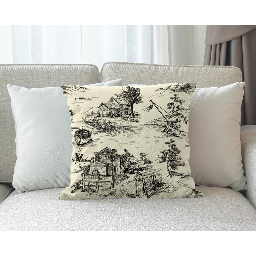 Zaueky Old Village Cotton Linen Pillow Case Black White 18x18 Inch