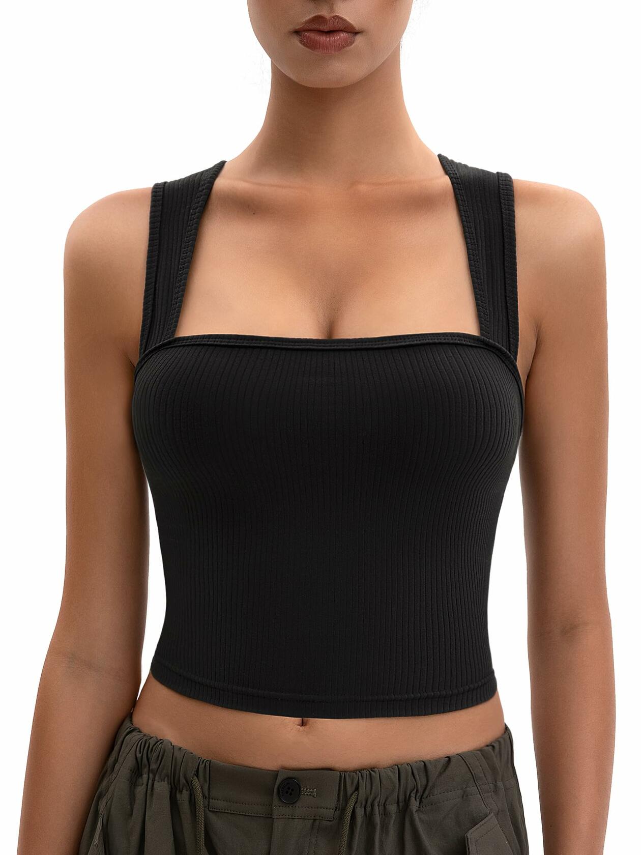 MOSSROZZ Crop Tank Top Black Ribbed Athletic Slim Fit Wide Strap Size L