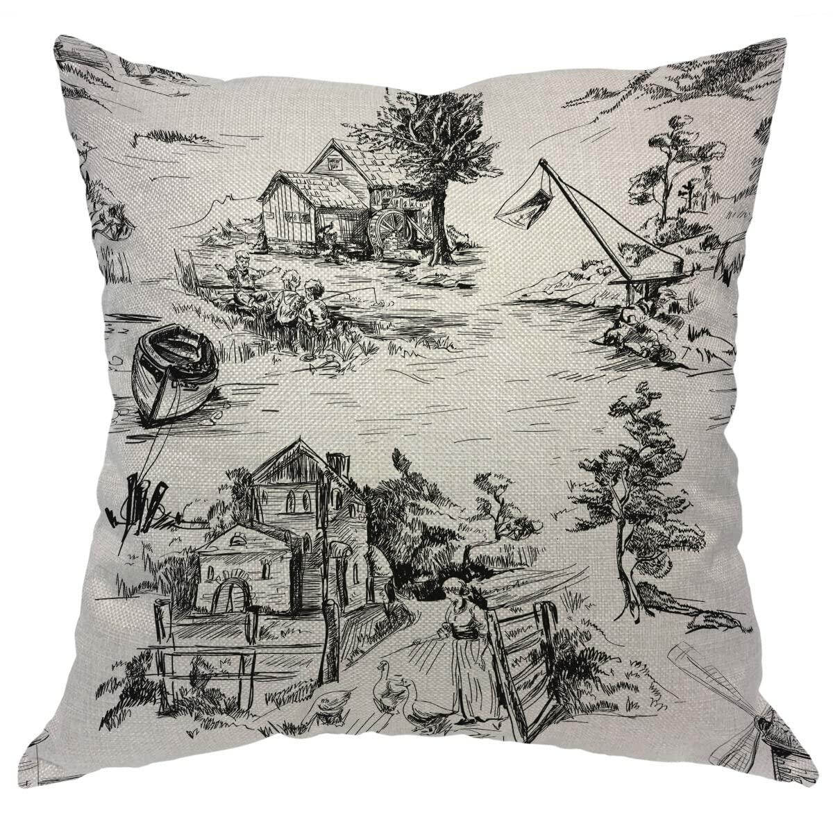 Zaueky Old Village Cotton Linen Pillow Case Black White 18x18 Inch