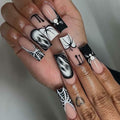 HPYFOI Halloween Press On Nails Long Coffin Black White Ghostface 24Pcs