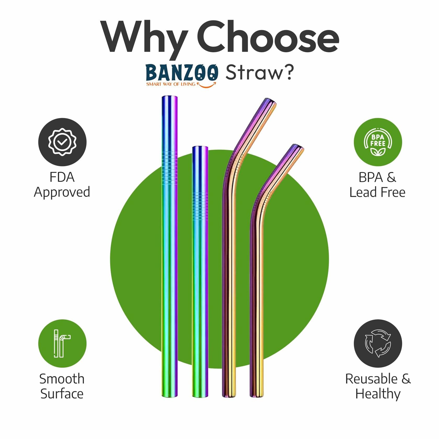 Reusable Stainless Steel Drinking Straws Rainbow 10.5" & 8.5" with Tips Case