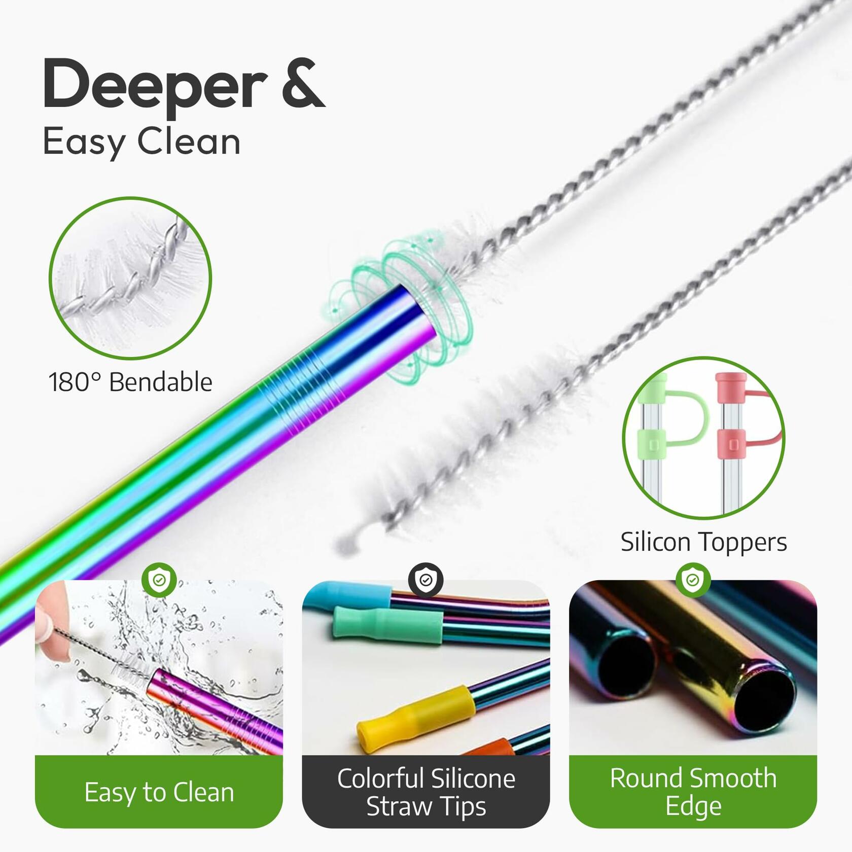 Reusable Stainless Steel Drinking Straws Rainbow 10.5" & 8.5" with Tips Case
