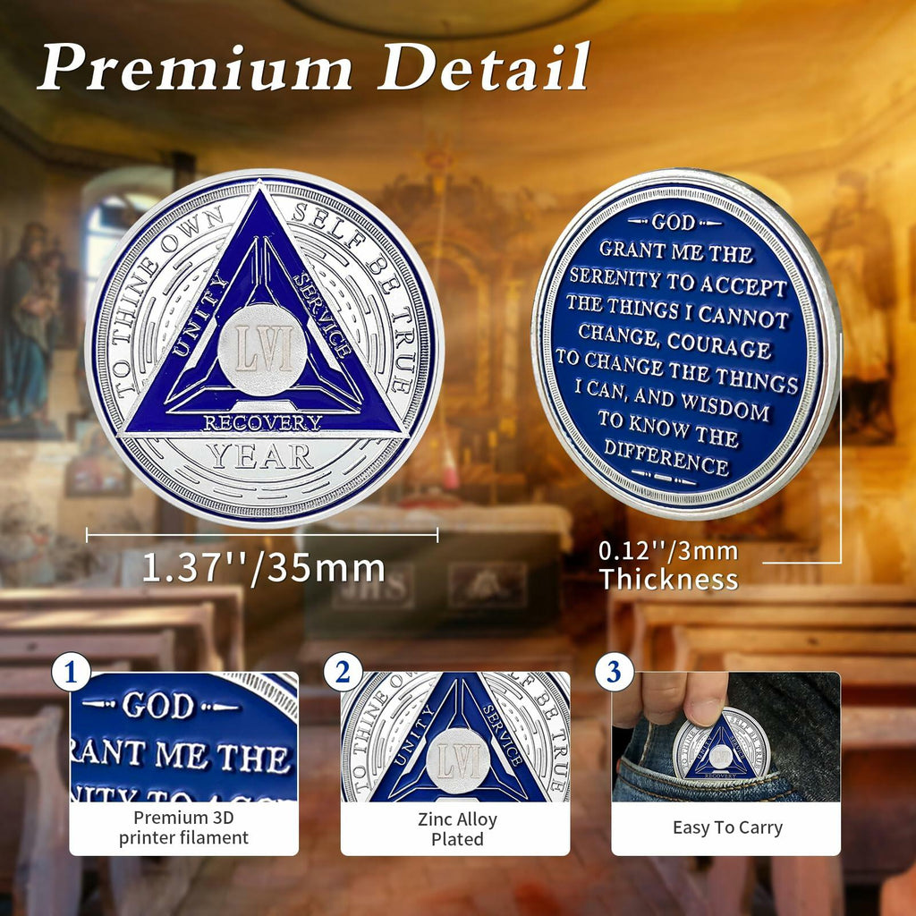 Recovery Triangle 56 Year Sobriety Coin Silver NA AA Medallion