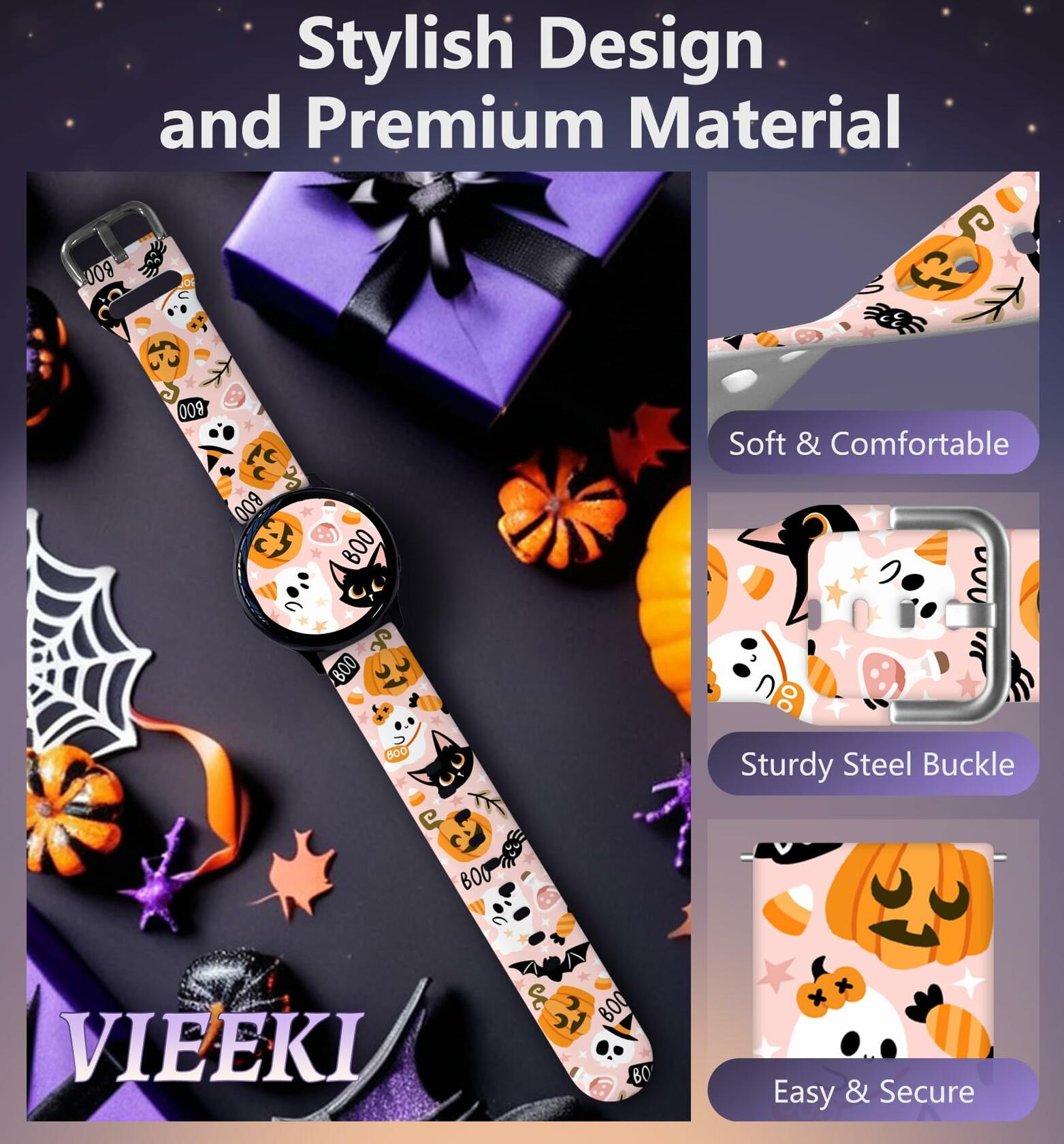 Vieeki Halloween Pumpkin Silicone Watch Band Samsung Galaxy 40-46mm Pink 20mm