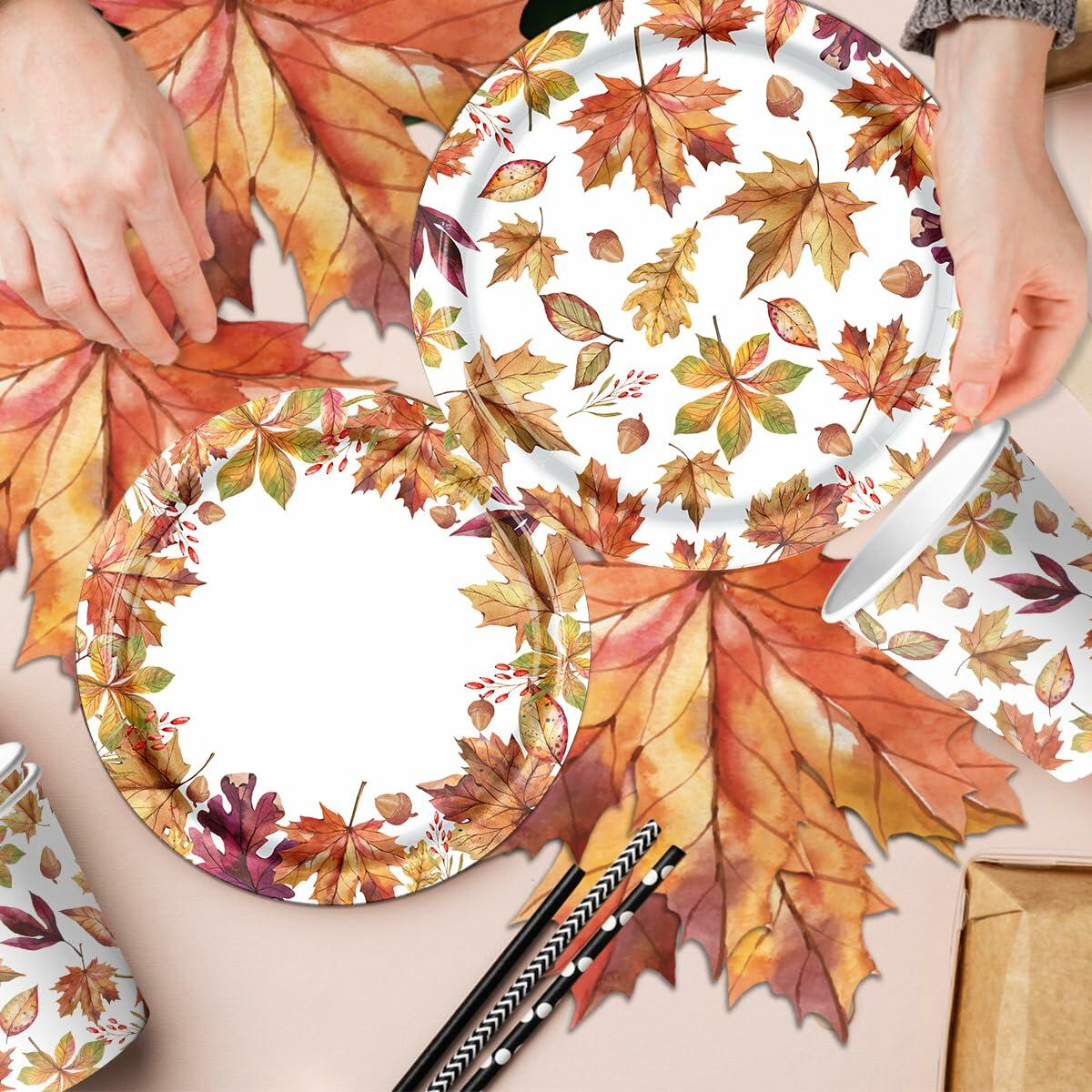 Guzbewu Fall Leaves Paper Plates Napkins Set 142pcs Orange White Autumn