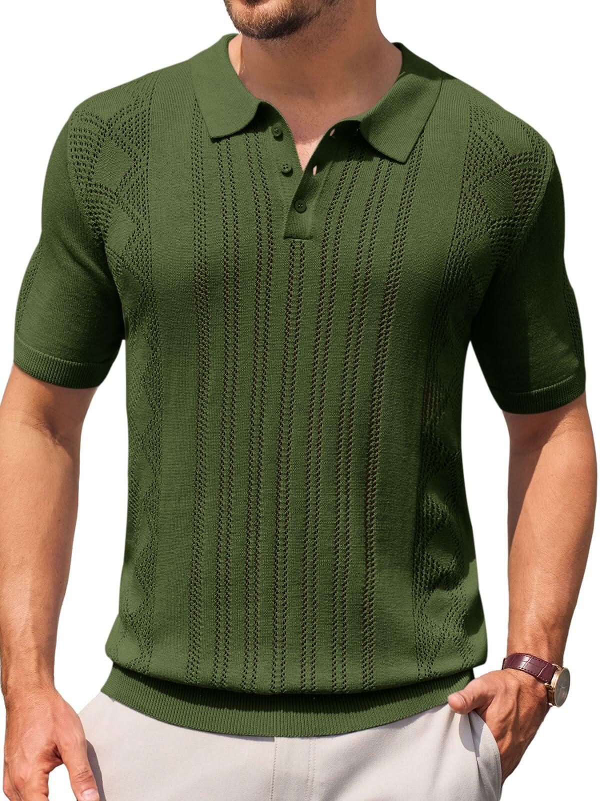 Runcati Mens Slim Fit Knit Polo Shirt Short Sleeve Cotton Army Green Size XL