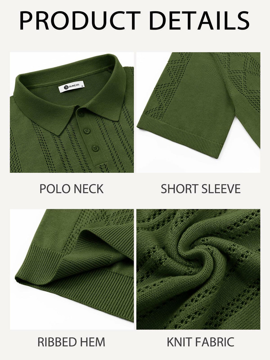 Runcati Mens Slim Fit Knit Polo Shirt Short Sleeve Cotton Army Green Size XL