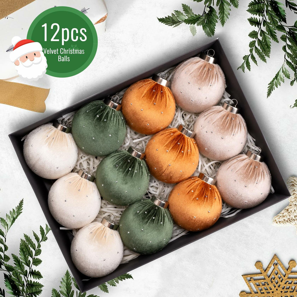 Meschett Velvet Ball Christmas Ornaments Set 12pcs 78mm Green Brown Neutral