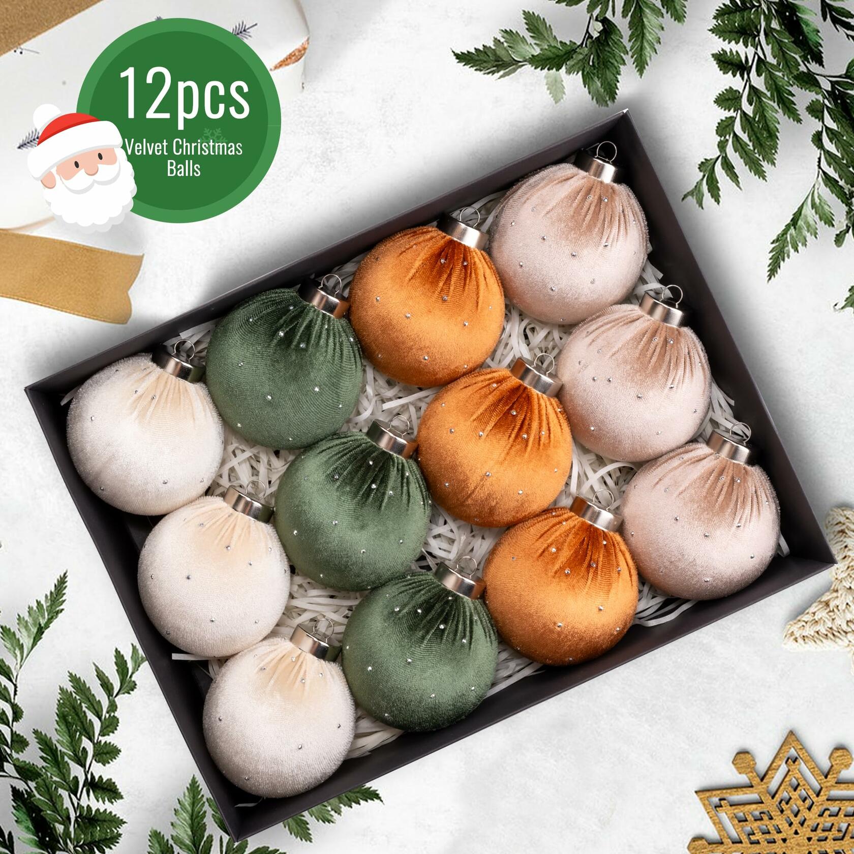 Meschett Velvet Ball Christmas Ornaments Set 12pcs 78mm Green Brown Neutral