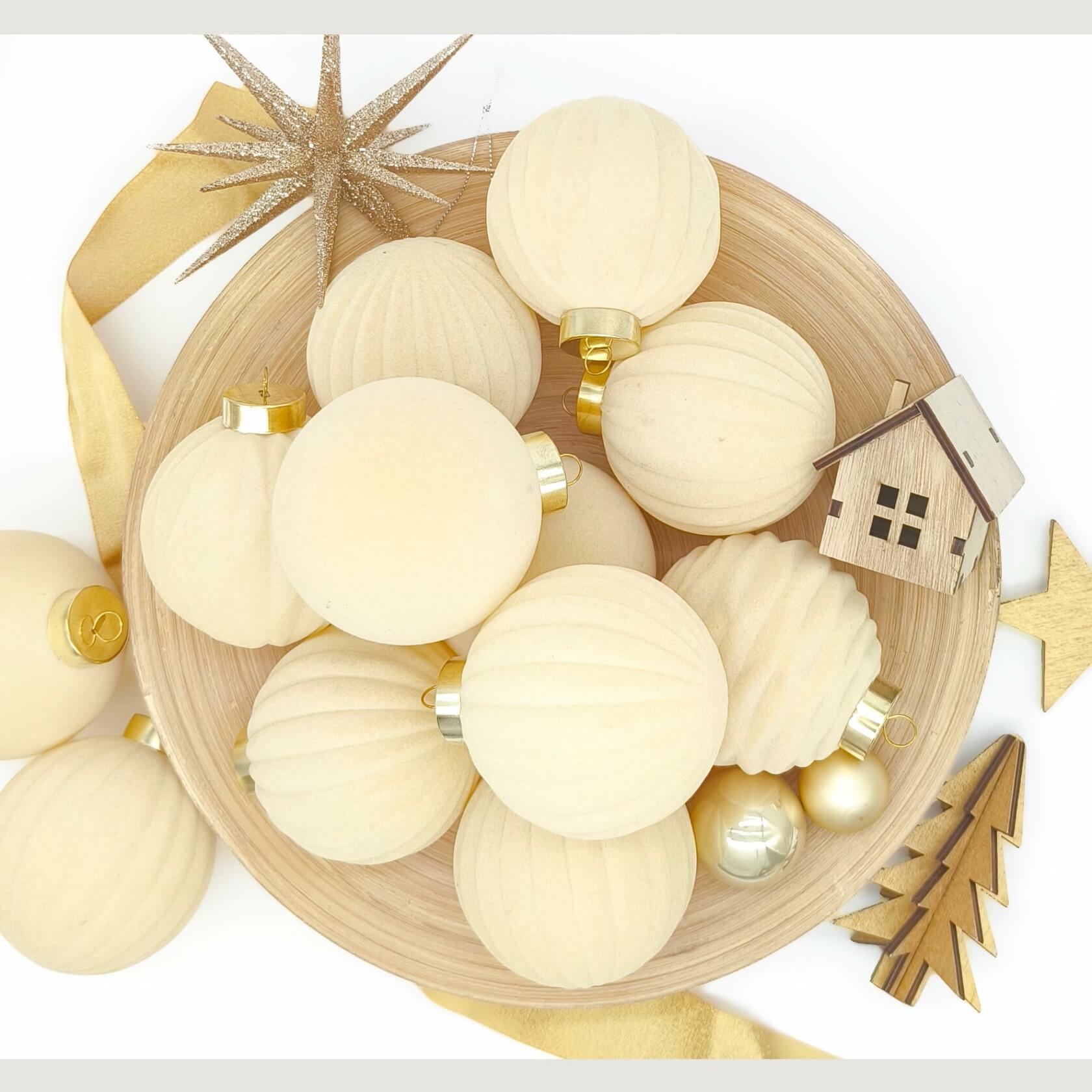 Obgora 15PCS 3.15" Beige Velvet Flocked Christmas Ornaments Balls