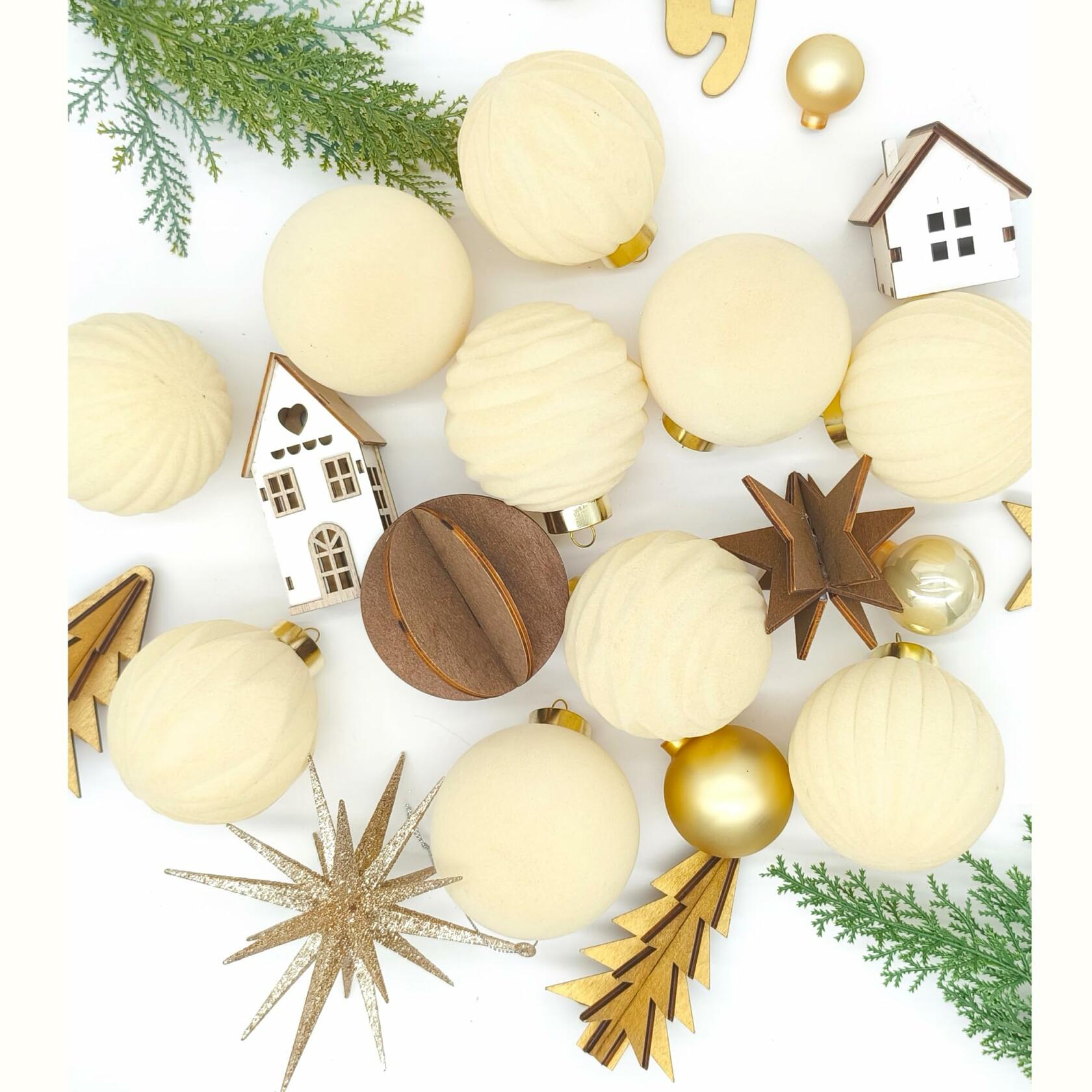 Obgora 15PCS 3.15" Beige Velvet Flocked Christmas Ornaments Balls