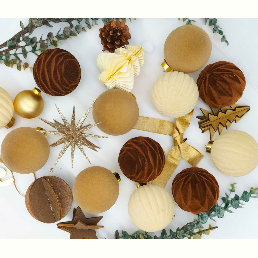 Obgora 15PCS Velvet Flocked Christmas Ornaments 3.15in Brown Light Coffee Beige
