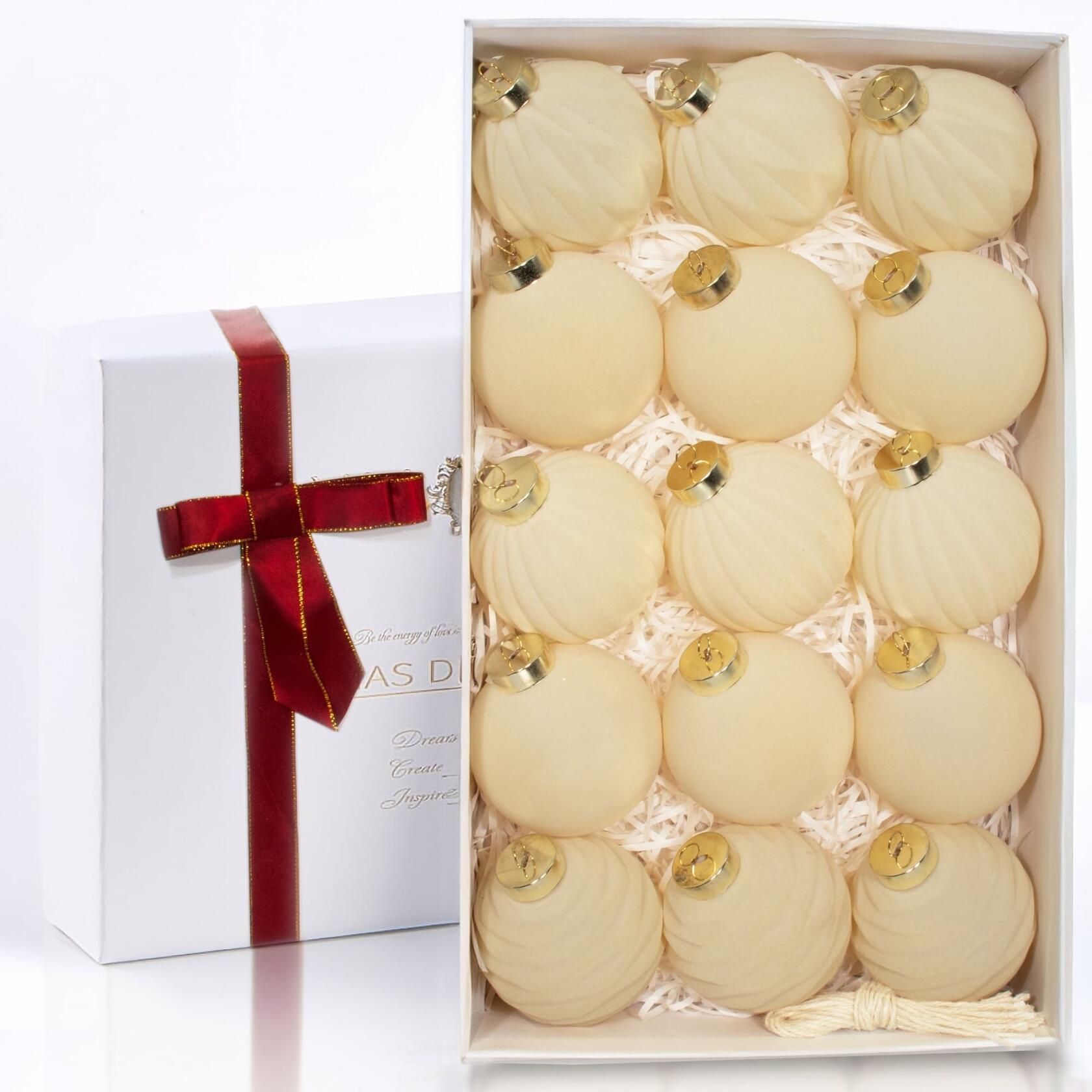 Obgora 15PCS 3.15" Beige Velvet Flocked Christmas Ornaments Balls
