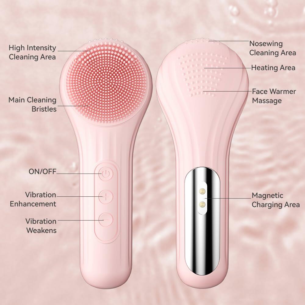 ZEXIYP Silicone Face Scrubber Electric Waterproof Brush 5 Strength Pink
