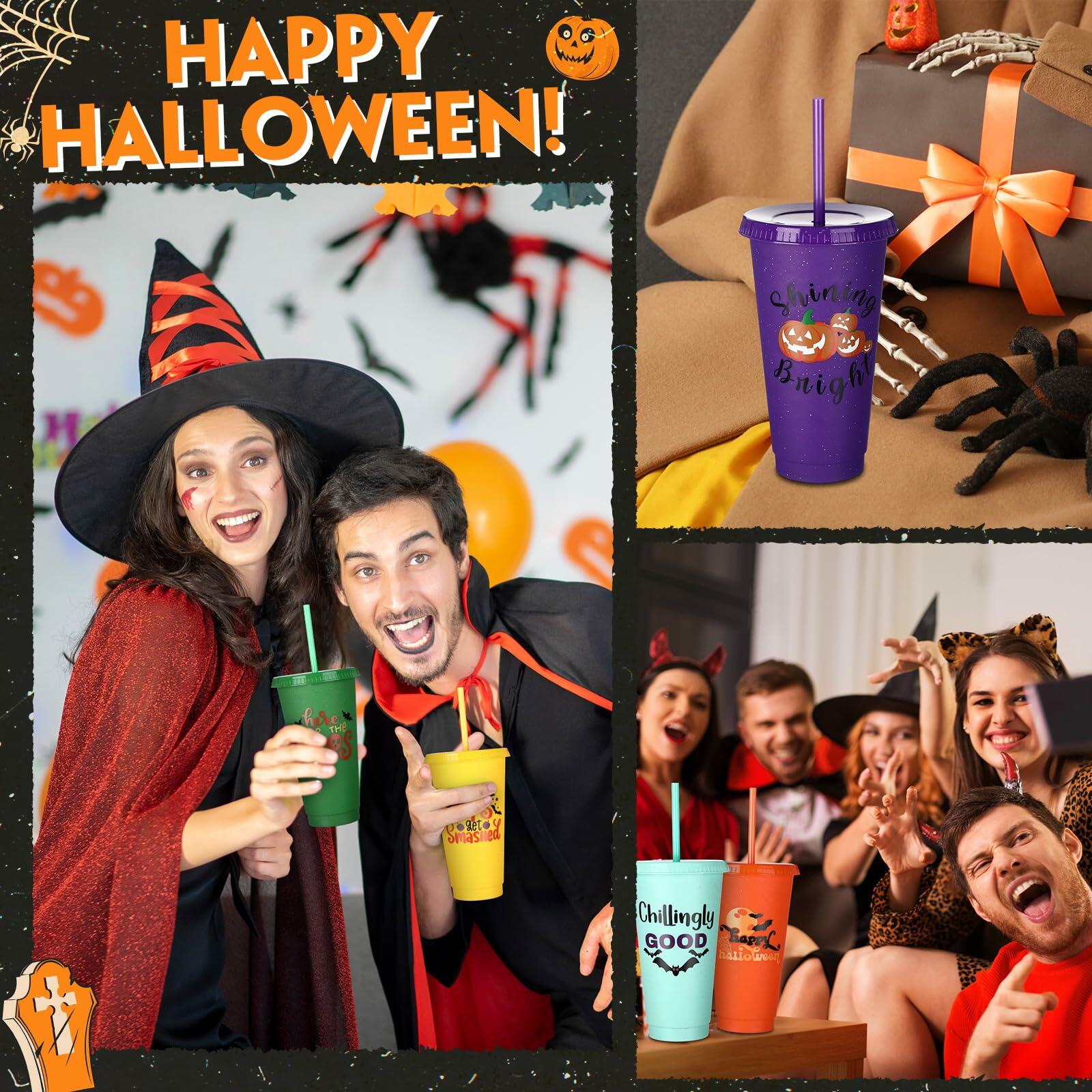 SiliFine 24oz Reusable Plastic Halloween Cups with Lid & Straw 24 Pcs