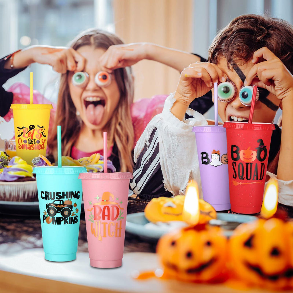 SiliFine 24oz Reusable Plastic Halloween Cups with Lid & Straw 24 Pcs