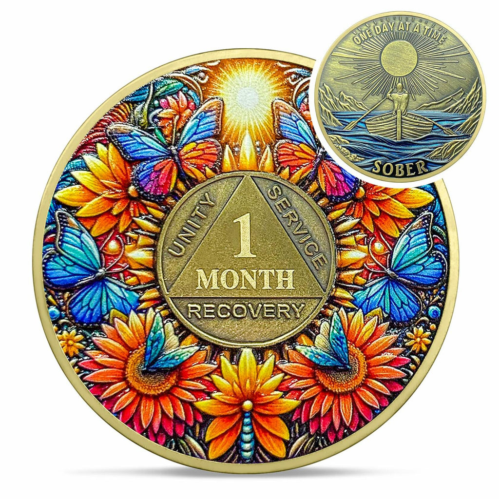 Sunflower 1 Year Sobriety Coin AA NA Recovery Medallion Butterfly Gift