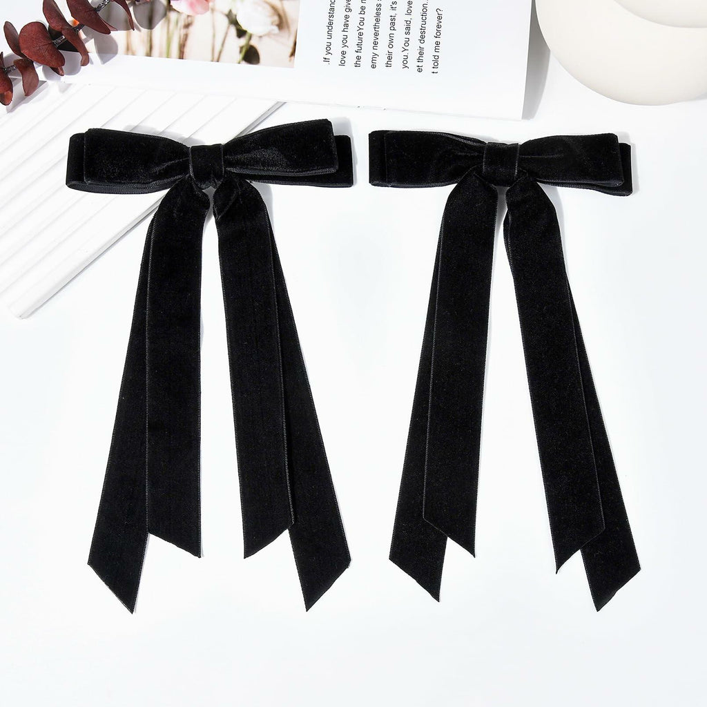 Aileam 2PCS Black Velvet Hair Bows Ribbon Clips Metal Ponytail Holder