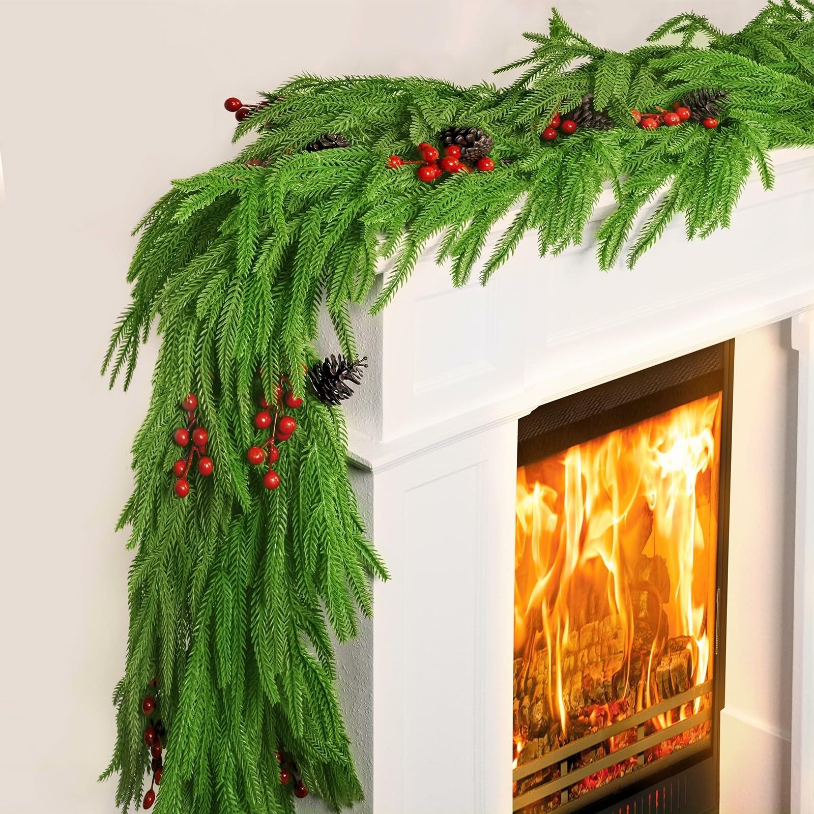 COAZEX 6FT Norfolk Pine Garland Real Touch Greenery with LED Lights Gold Ribbon
