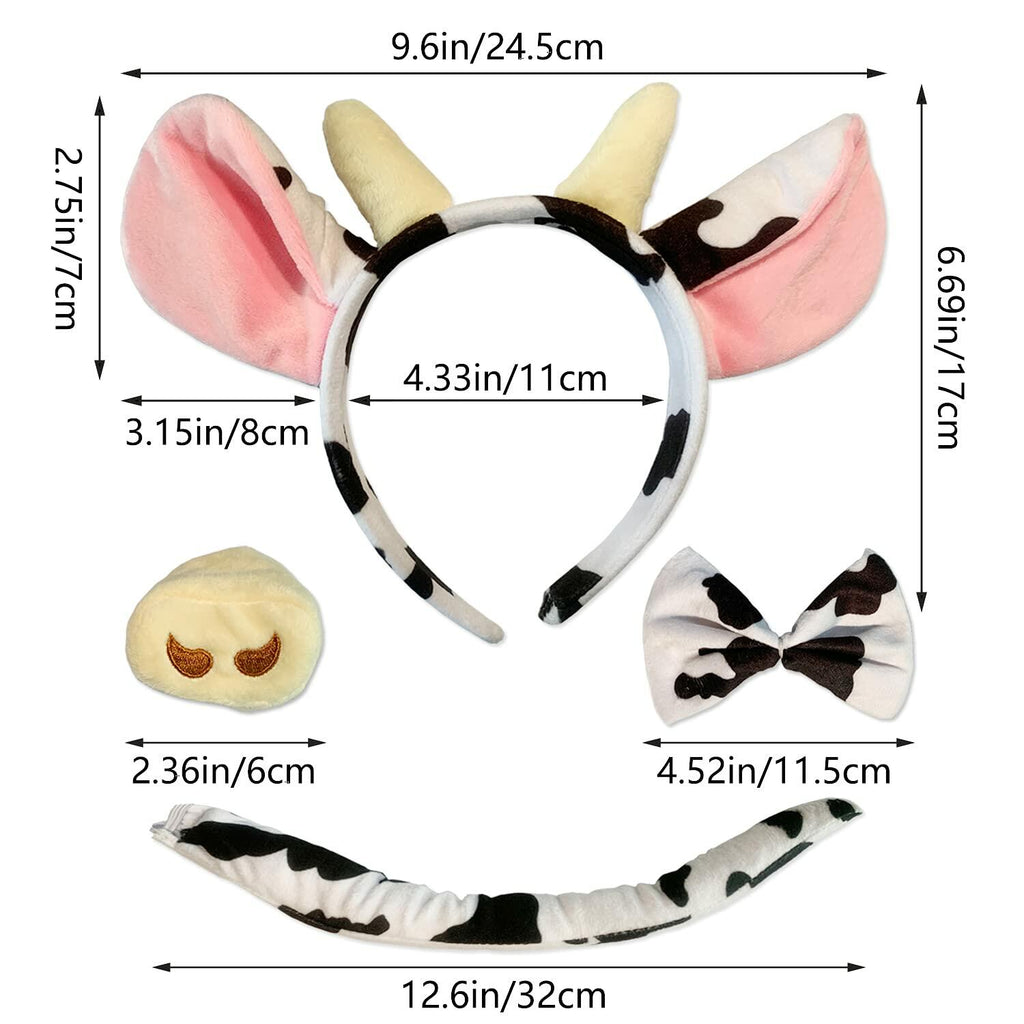 JIALWEN Cow Animal Costume Set 4Pcs Ears Nose Bowtie Tail Unisex White Size