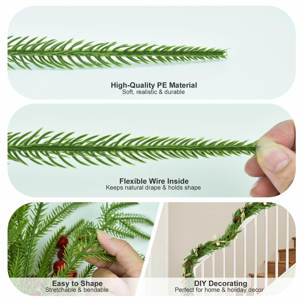 COAZEX 6FT Norfolk Pine Garland Real Touch Greenery with LED Lights Gold Ribbon
