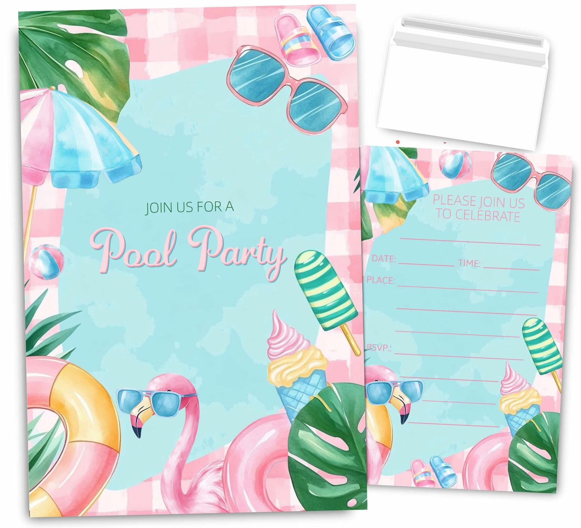 VAVINCI Pool Party Birthday Invitations for Girls 30 Sets with Envelopes