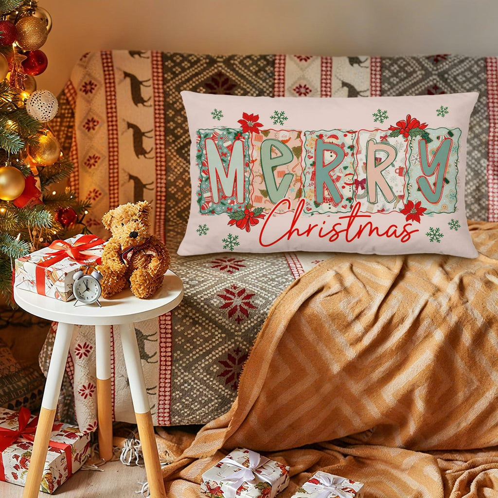 MOLYUB Pink Merry Christmas Floral Pillow Cover 12x20 Inches Polyester