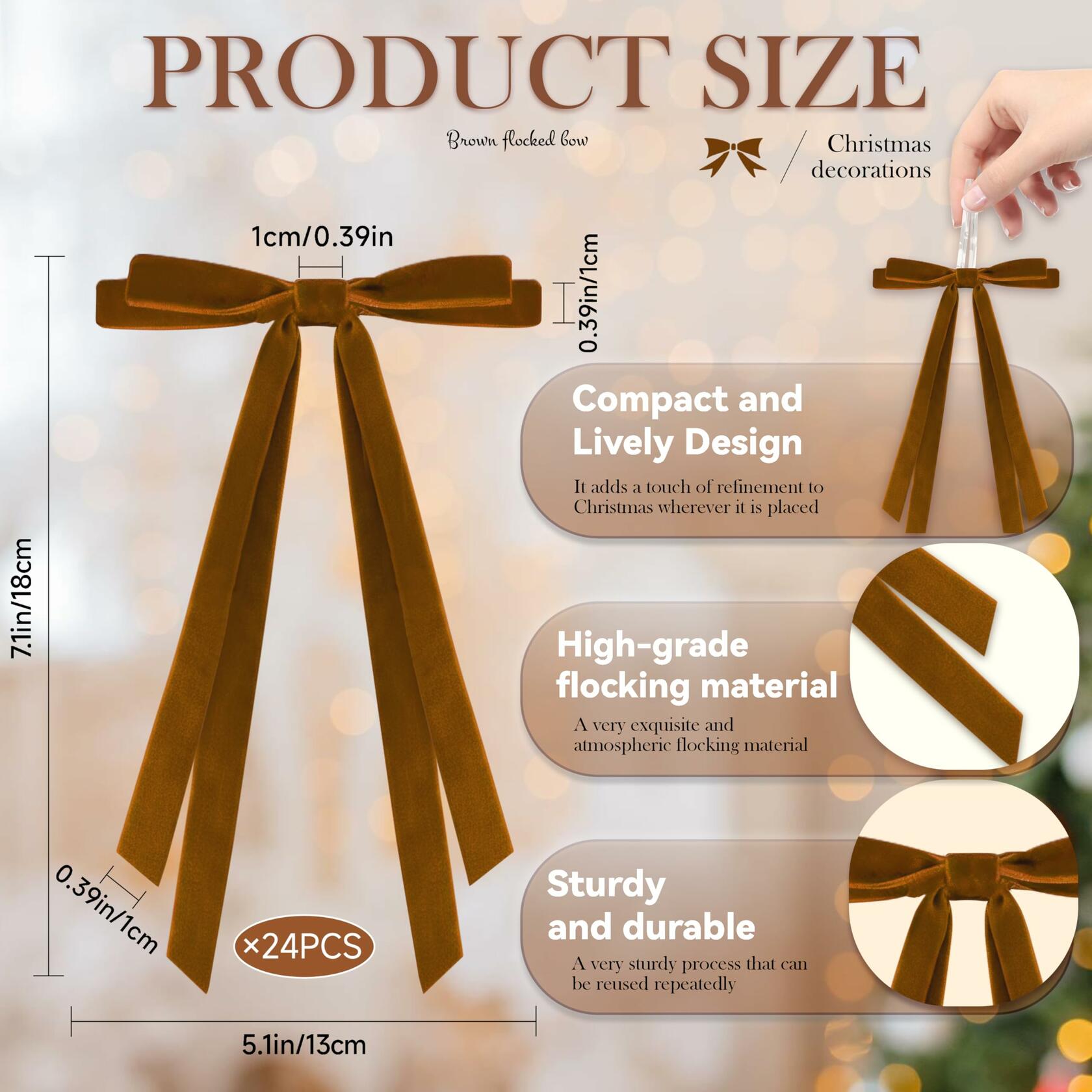 CUPLOOV 24 Pcs Brown Velvet Ribbon Bows 5x7 Inch Christmas Tree Decor