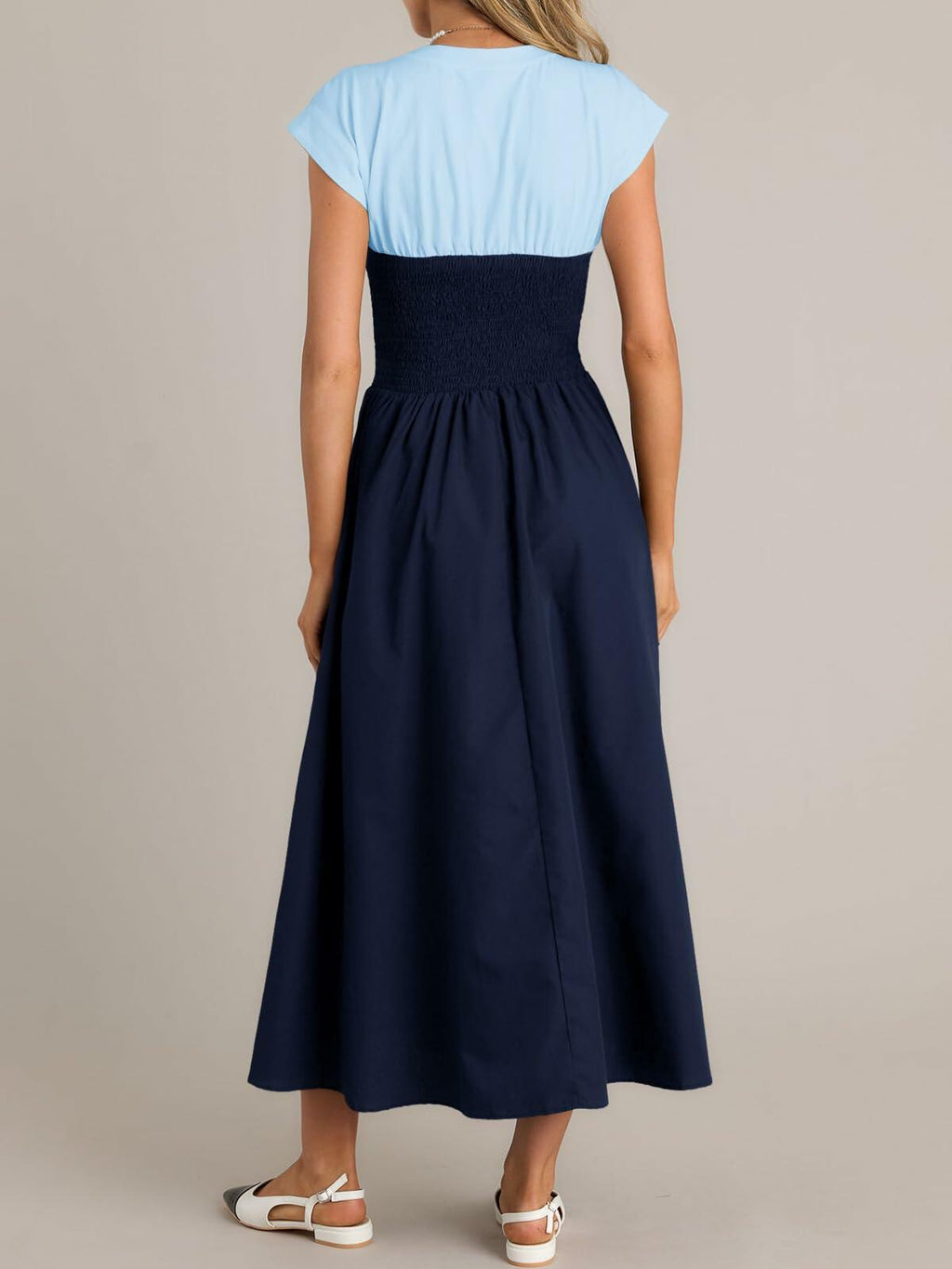 Wenrine Womens Casual Summer Midi Dress Smocked Cap Sleeve Navy Size S