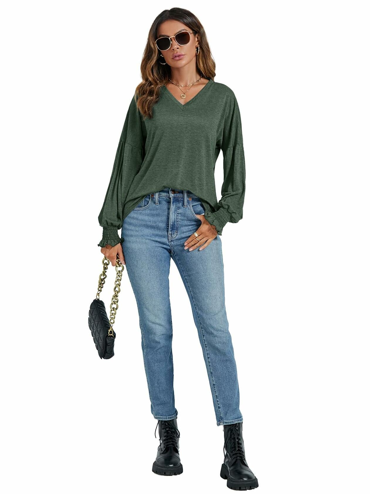 LYANER Women's V Neck Ruffle Lantern Sleeve Blouse Top Dark Green Size S