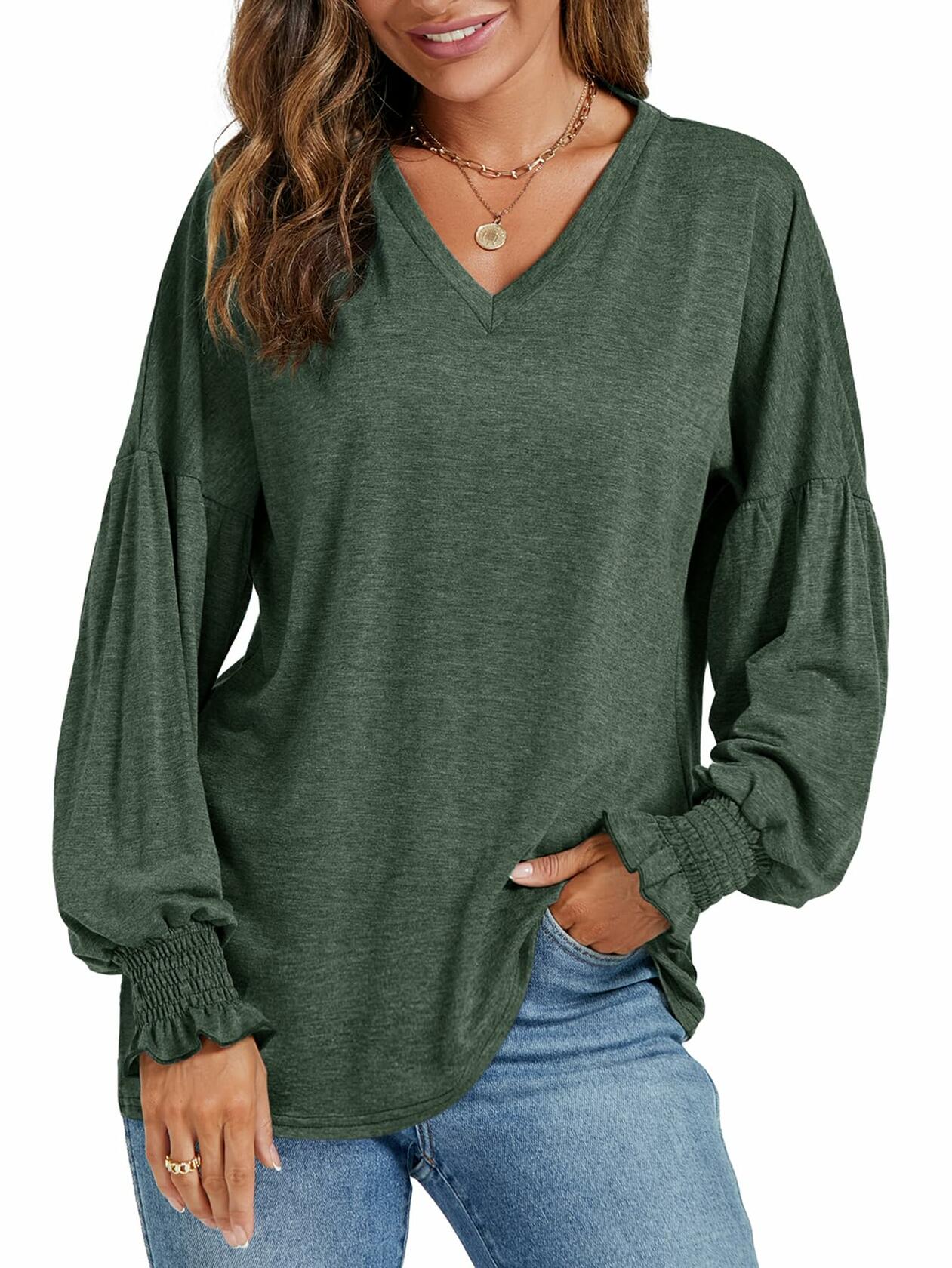LYANER Women's V Neck Ruffle Lantern Sleeve Blouse Top Dark Green Size S