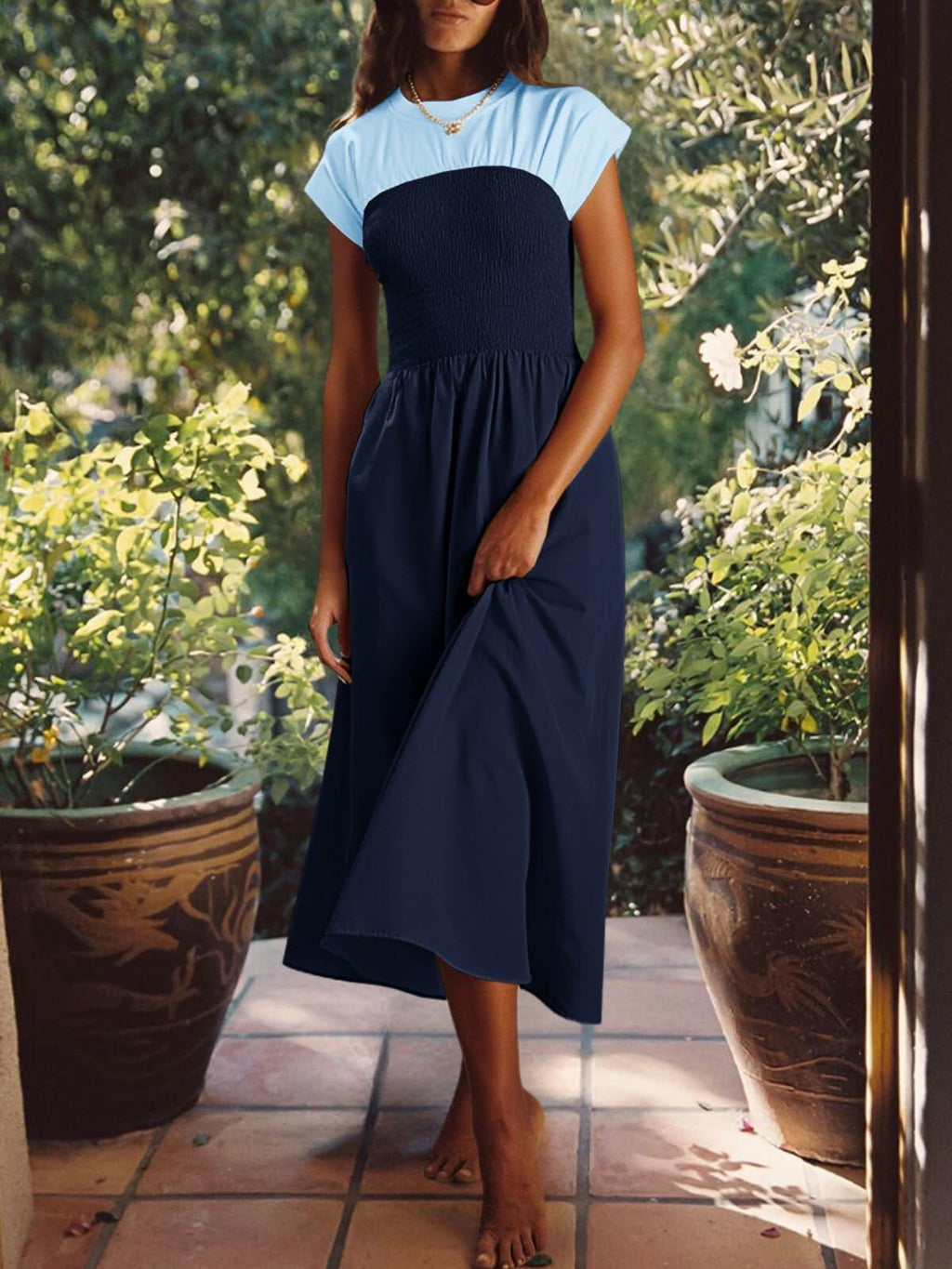 Wenrine Womens Casual Summer Midi Dress Smocked Cap Sleeve Navy Size S
