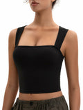 MOSSROZZ Crop Tank Top Black Ribbed Athletic Slim Fit Wide Strap Size XS