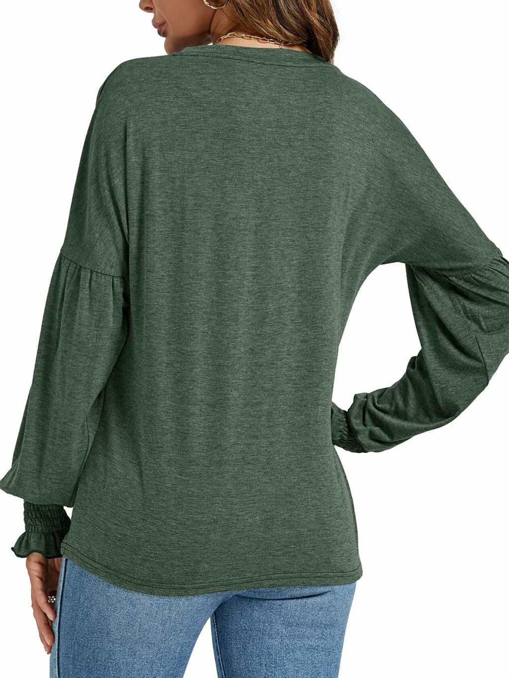 LYANER Women's V Neck Ruffle Lantern Sleeve Blouse Top Dark Green Size S