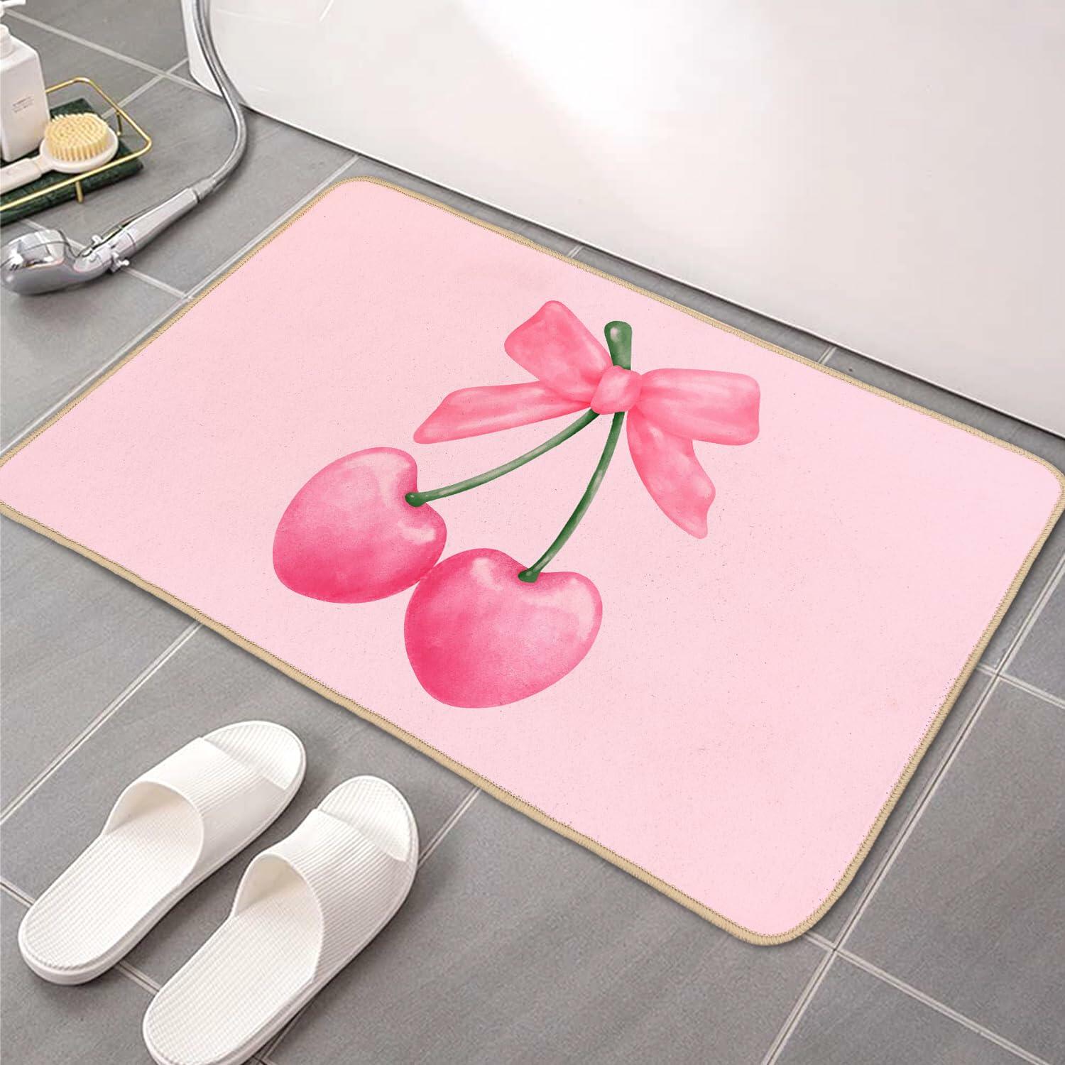 ETYZE Pink Welcome Mat Indoor Front Door Cherry Bow 30x16 Inch Polyester