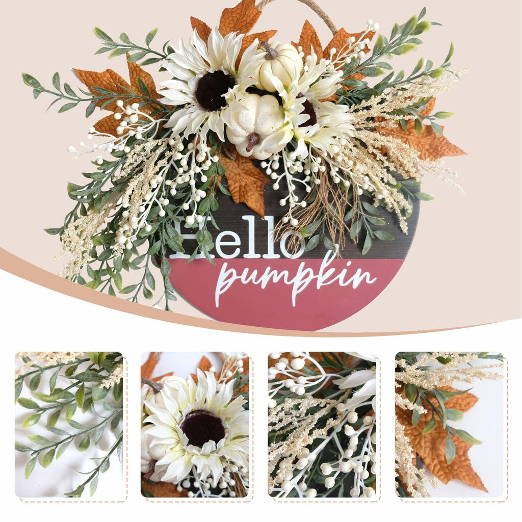 idyllic Hello Pumpkin Wreath Sign Front Door Decor Wood 16" Cream
