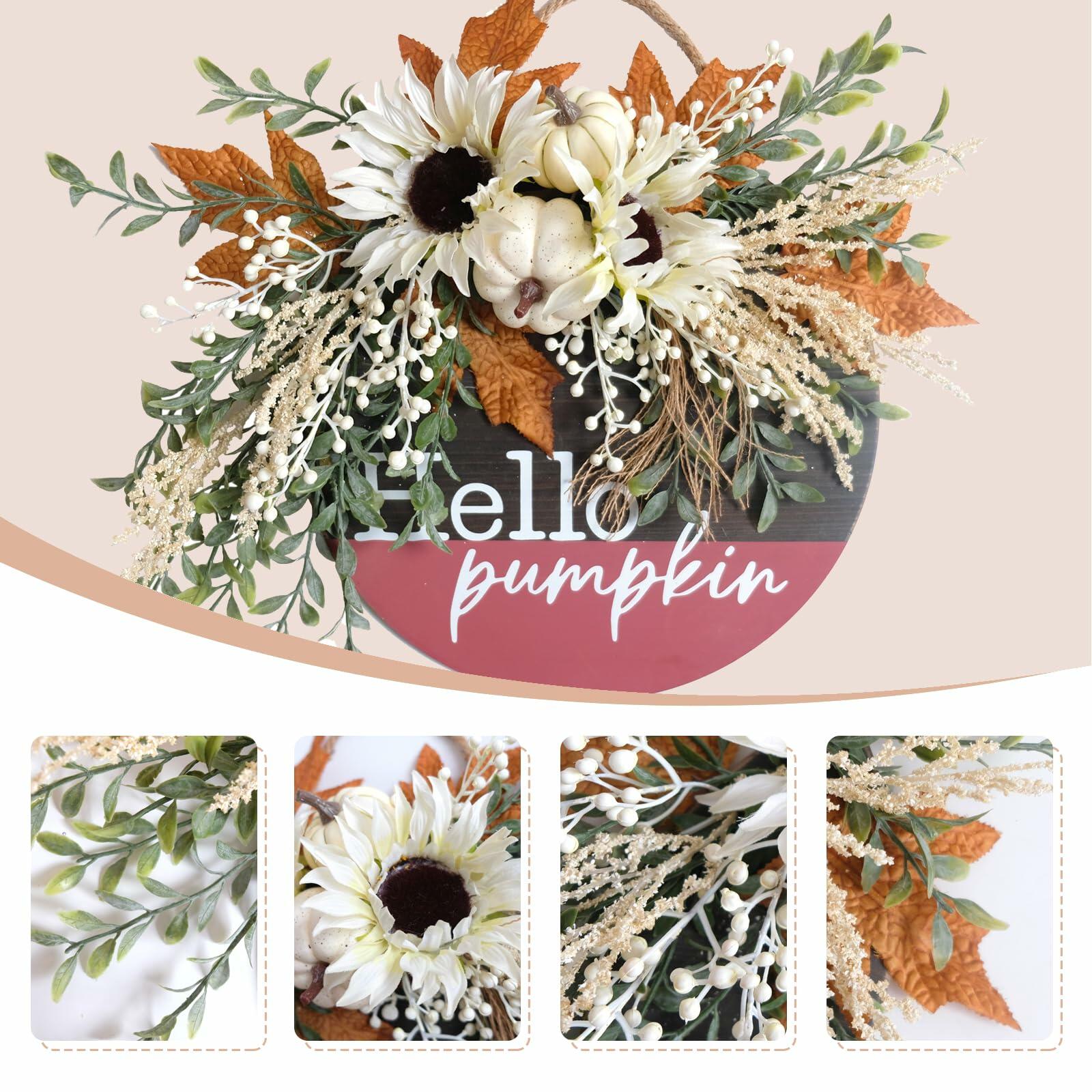idyllic Hello Pumpkin Wreath Sign Front Door Decor Wood 16" Cream