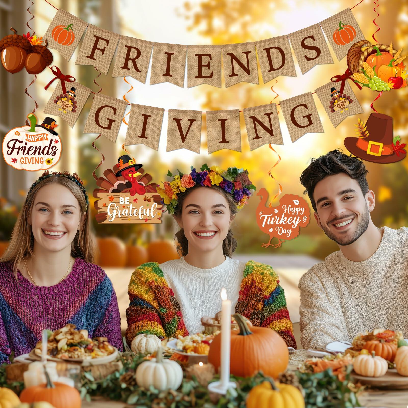 Friendsgiving Party Decorations Banner Hanging Swirls Turkey Pumpkin Maple