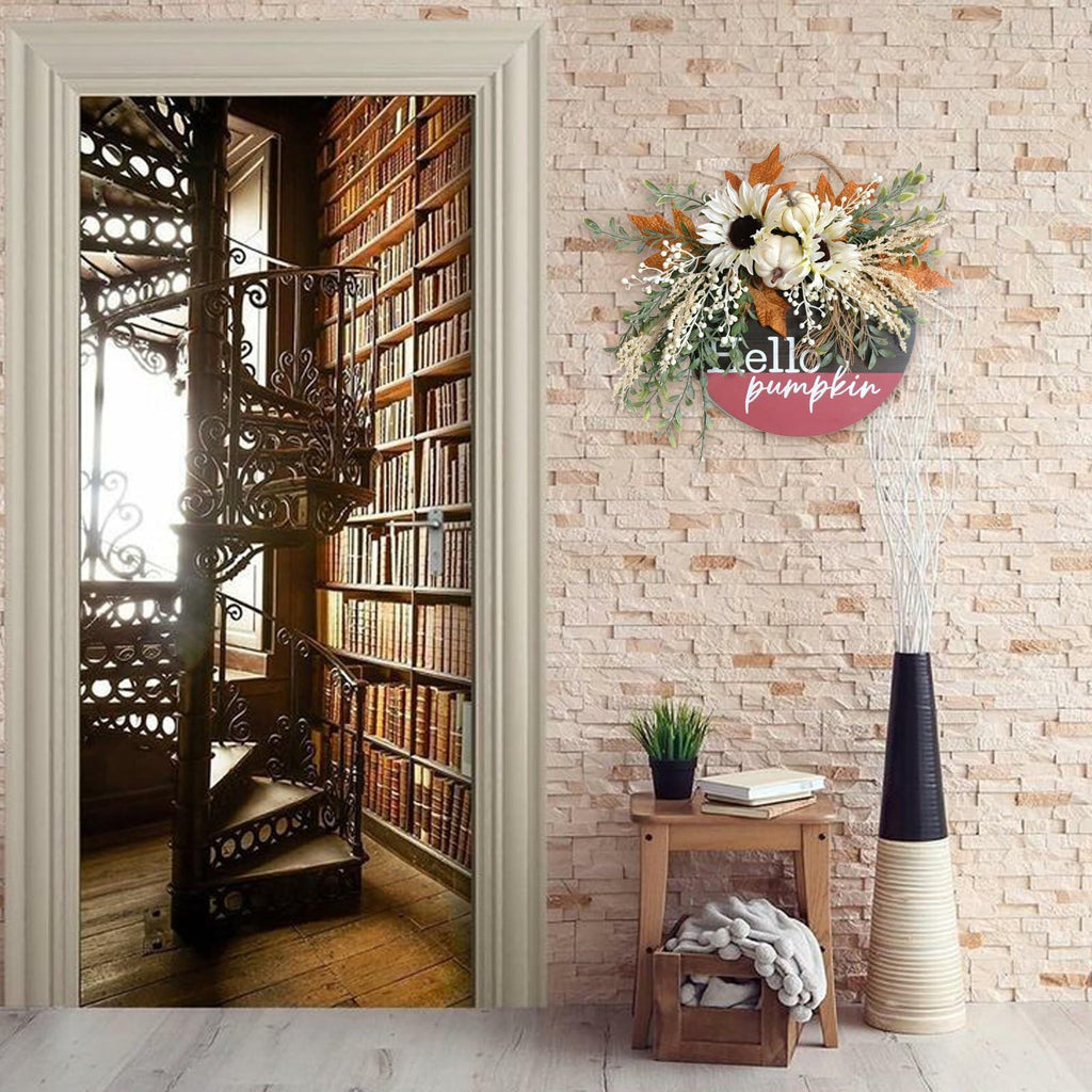 idyllic Hello Pumpkin Wreath Sign Front Door Decor Wood 16" Cream