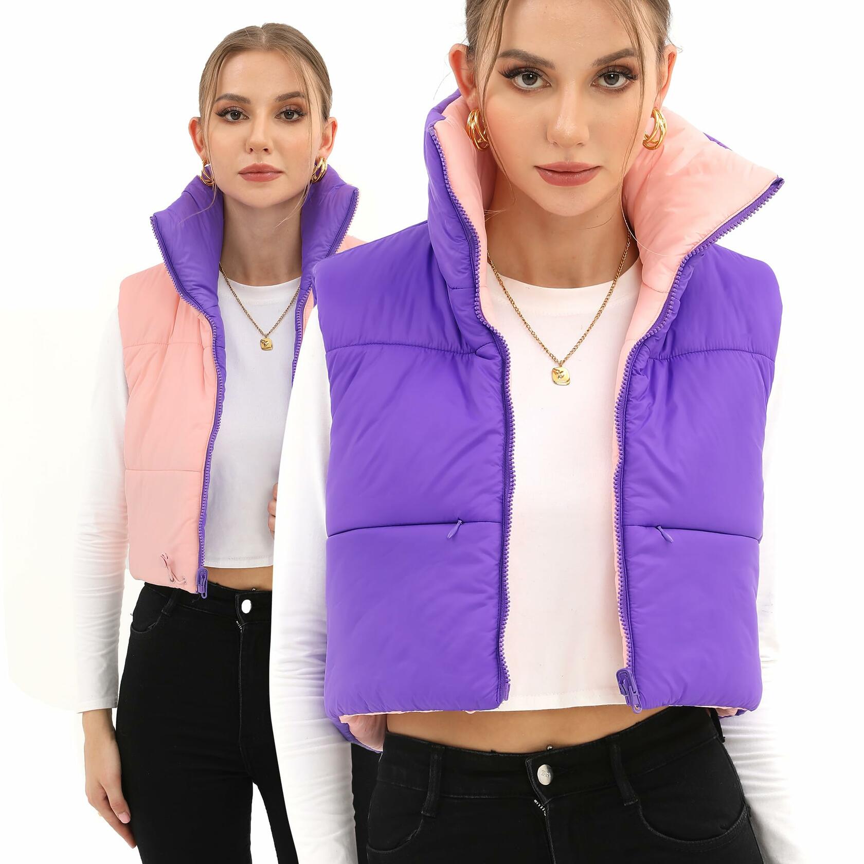 Xeoxarel Women's Puffer Vest Sleeveless Warm Outerwear Purple Pink Size XL