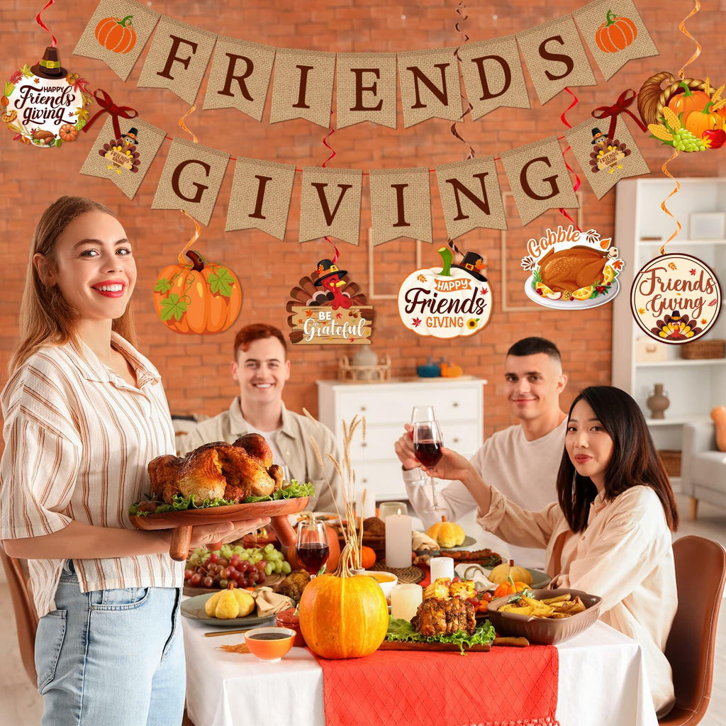 Friendsgiving Party Decorations Banner Hanging Swirls Turkey Pumpkin Maple