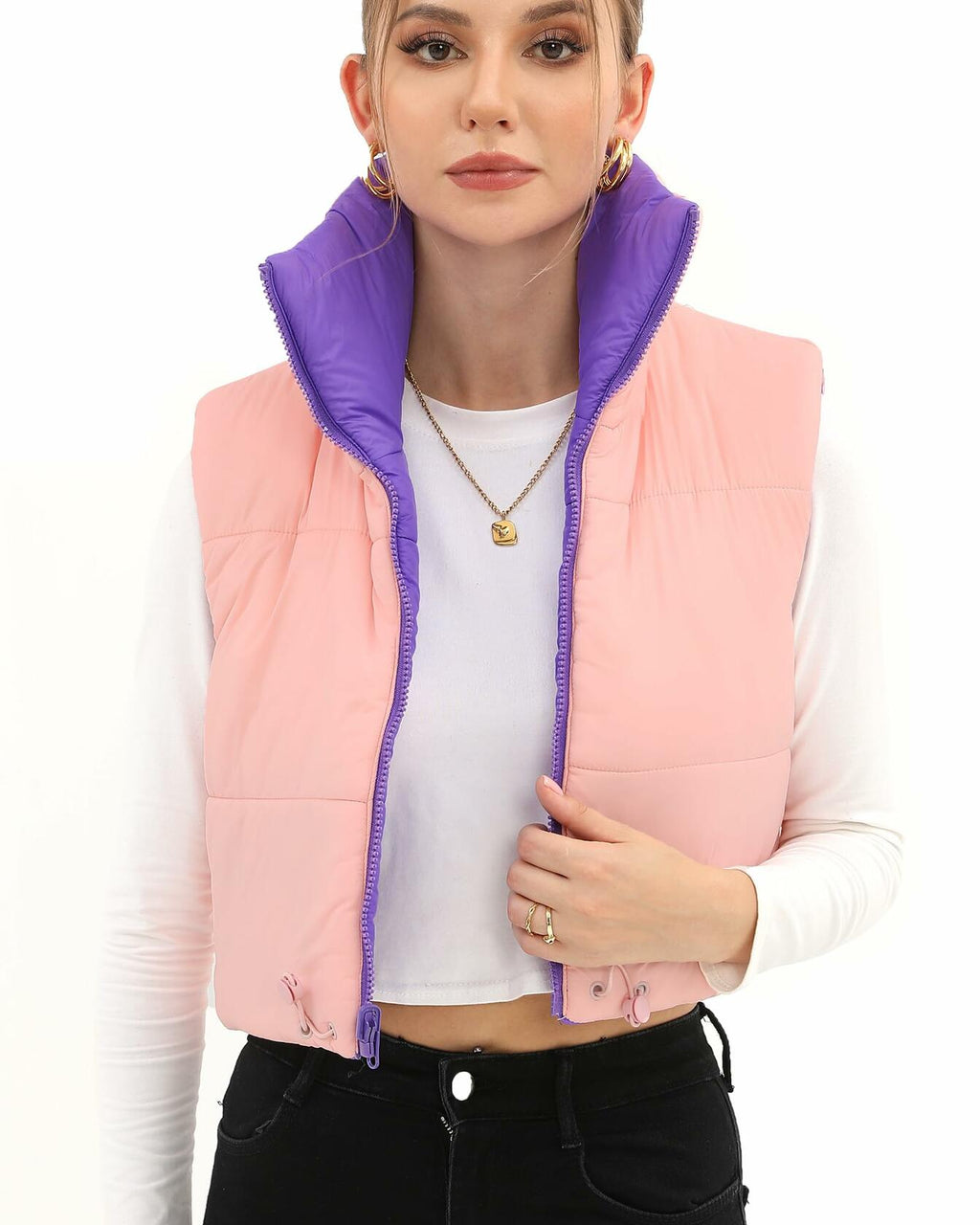 Xeoxarel Women's Puffer Vest Sleeveless Warm Outerwear Purple Pink Size XL