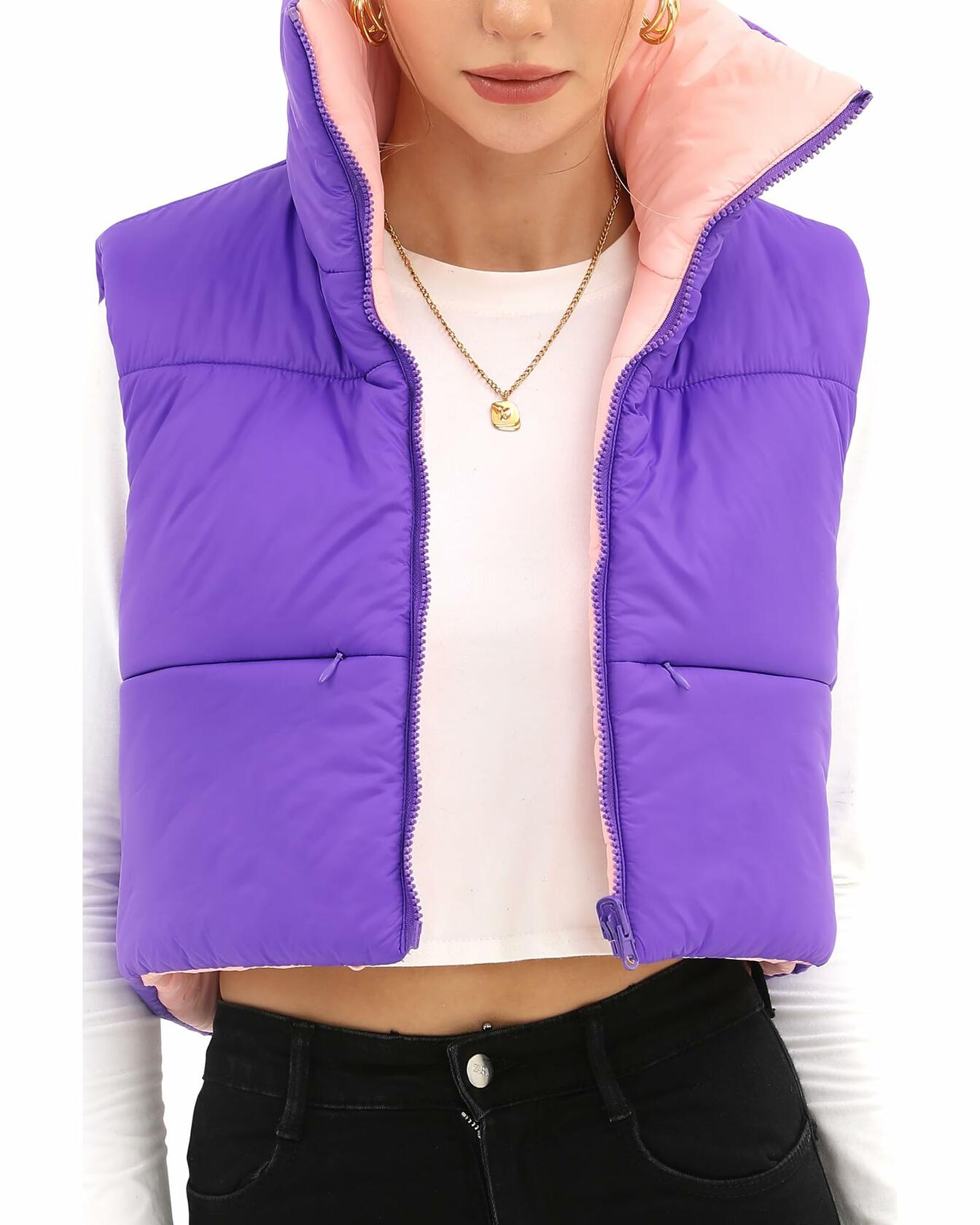 Xeoxarel Women's Puffer Vest Sleeveless Warm Outerwear Purple Pink Size XL