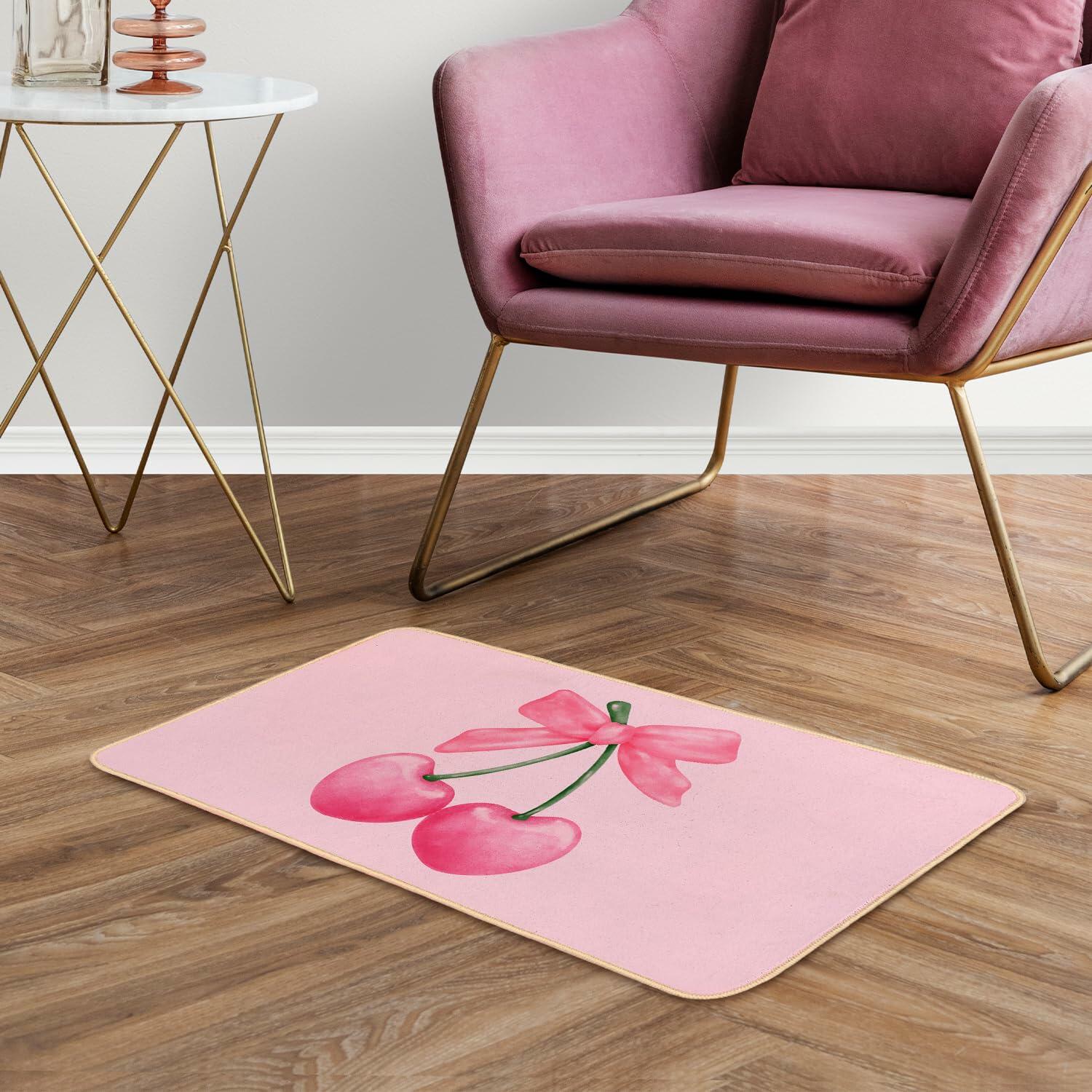 ETYZE Pink Welcome Mat Indoor Front Door Cherry Bow 30x16 Inch Polyester