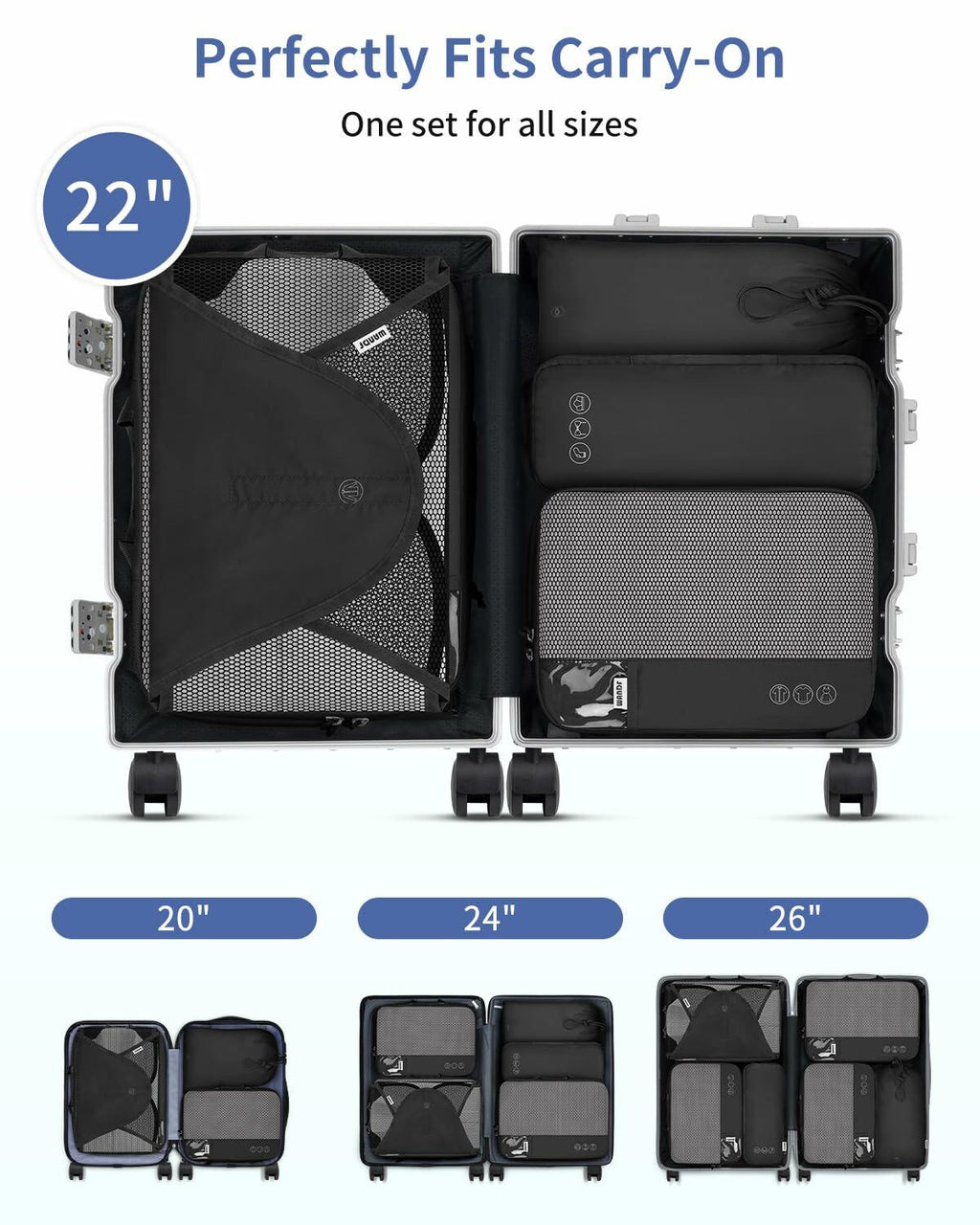 WANDF 7-Pc Compression Packing Cubes Travel Organizer Bags Set Khaki Size Large