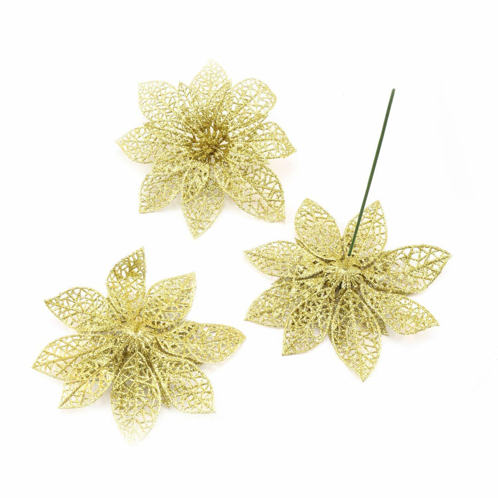 Wironlst 24pcs Gold Glitter Poinsettia Christmas Tree Ornaments 3 Sizes