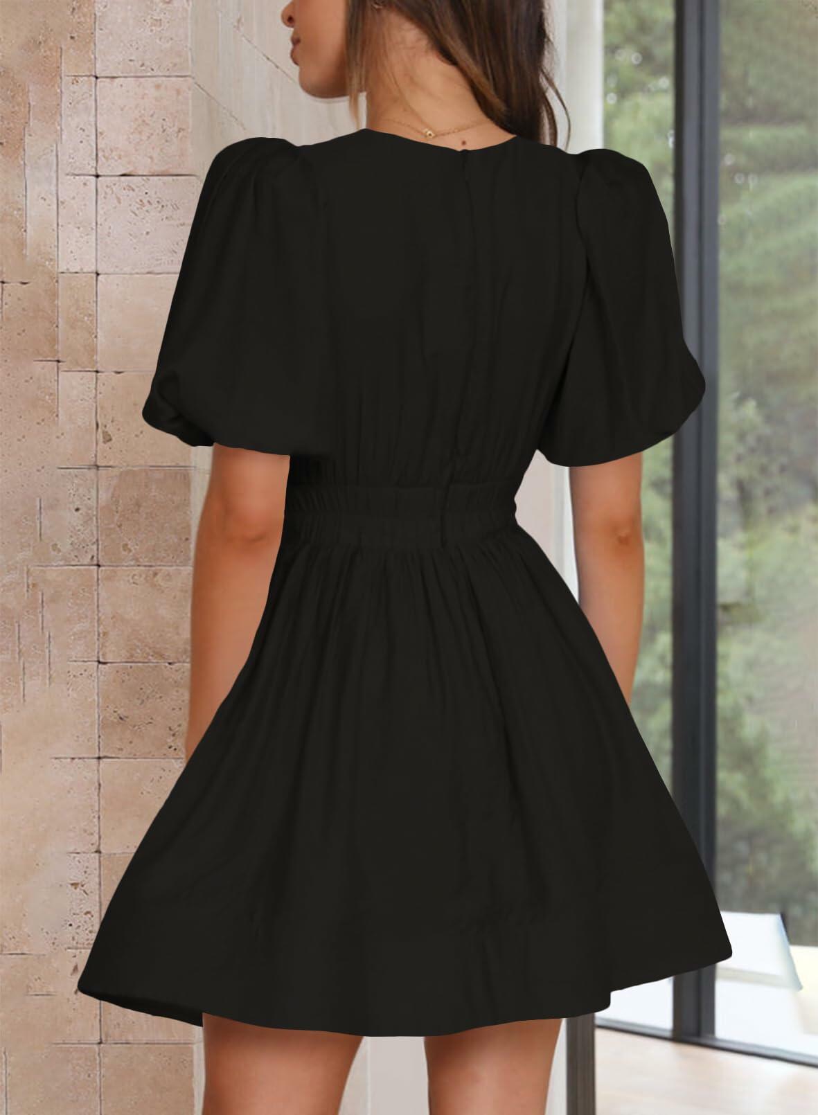 Outfeel Women Mini Dress Puff Sleeve V Neck High Waist Black Size M