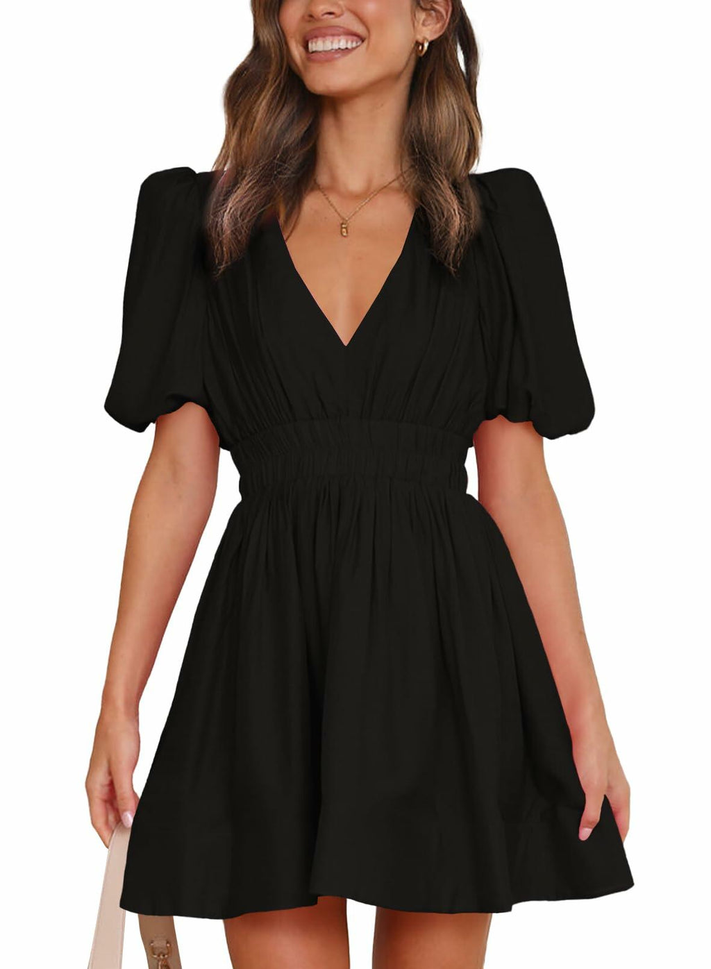 Outfeel Women Mini Dress Puff Sleeve V Neck High Waist Black Size M
