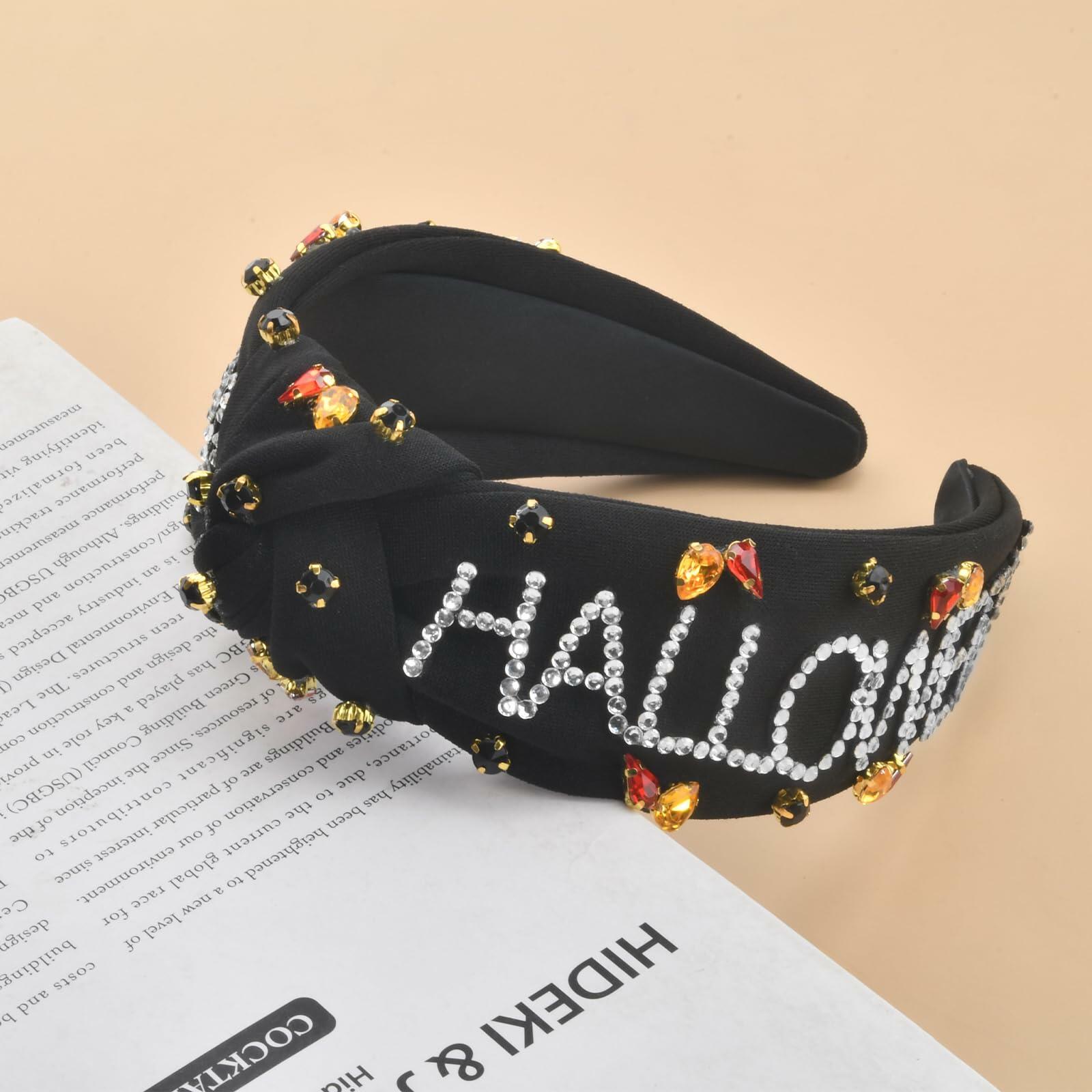 ABONDEVER Halloween Rhinestone Pumpkin Headband Black Orange Plaid