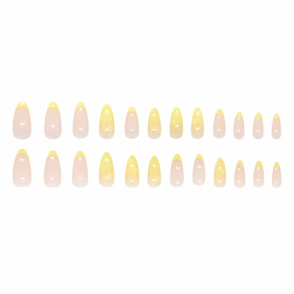 Almond Press On Nails Medium Glossy Flower French Tip Fake Nails 24pcs